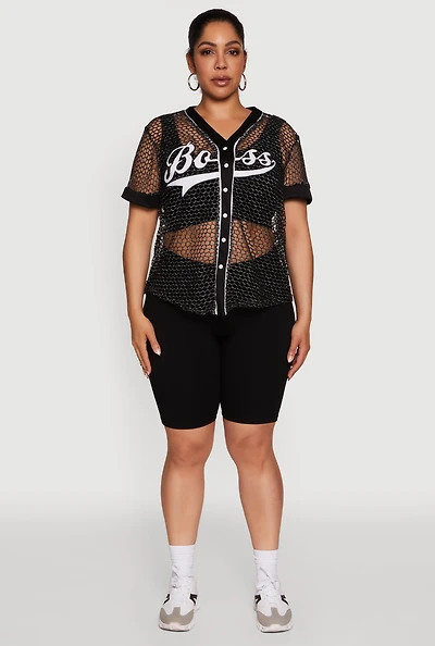 Womens Plus Lurex Fishnet Boss Graphic Baseball Tee, Black,