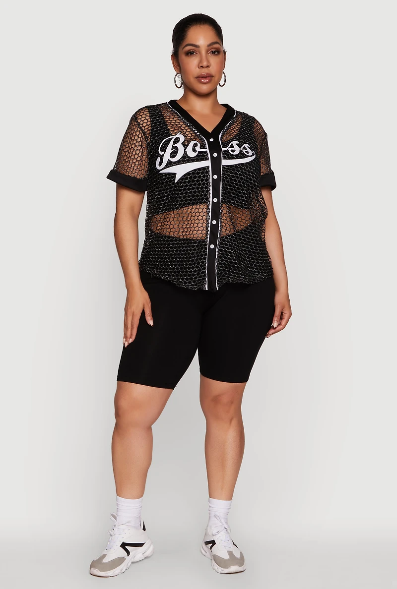 Plus Lurex Fishnet Boss Graphic Baseball Tee