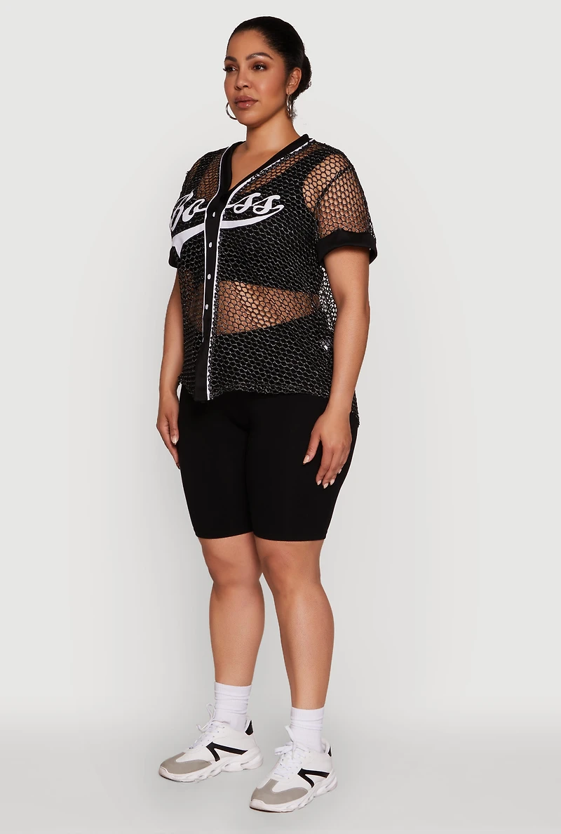 Plus Lurex Fishnet Boss Graphic Baseball Tee