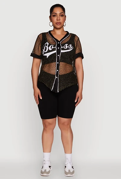 Womens Plus Size Lurex Fishnet Boss Graphic Baseball Tee, Black, Size 2X