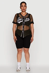 Womens Plus Size Lurex Fishnet Boss Graphic Baseball Tee, Black, Size 2X