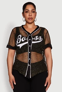 Womens Plus Size Lurex Fishnet Boss Graphic Baseball Tee, Black, Size 4X