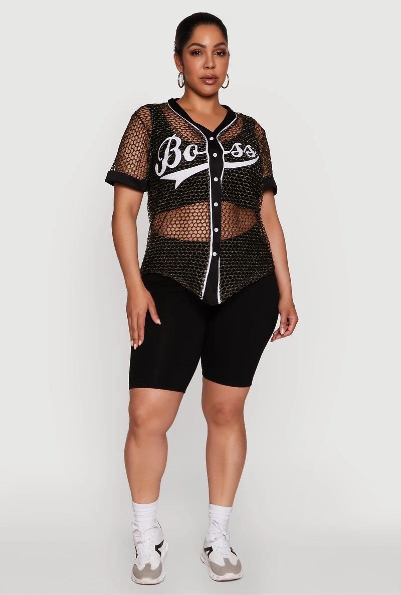 Womens Plus Size Lurex Fishnet Boss Graphic Baseball Tee, Black, Size 3X