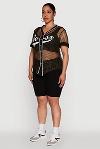 Womens Plus Size Lurex Fishnet Boss Graphic Baseball Tee, Black, Size 2X