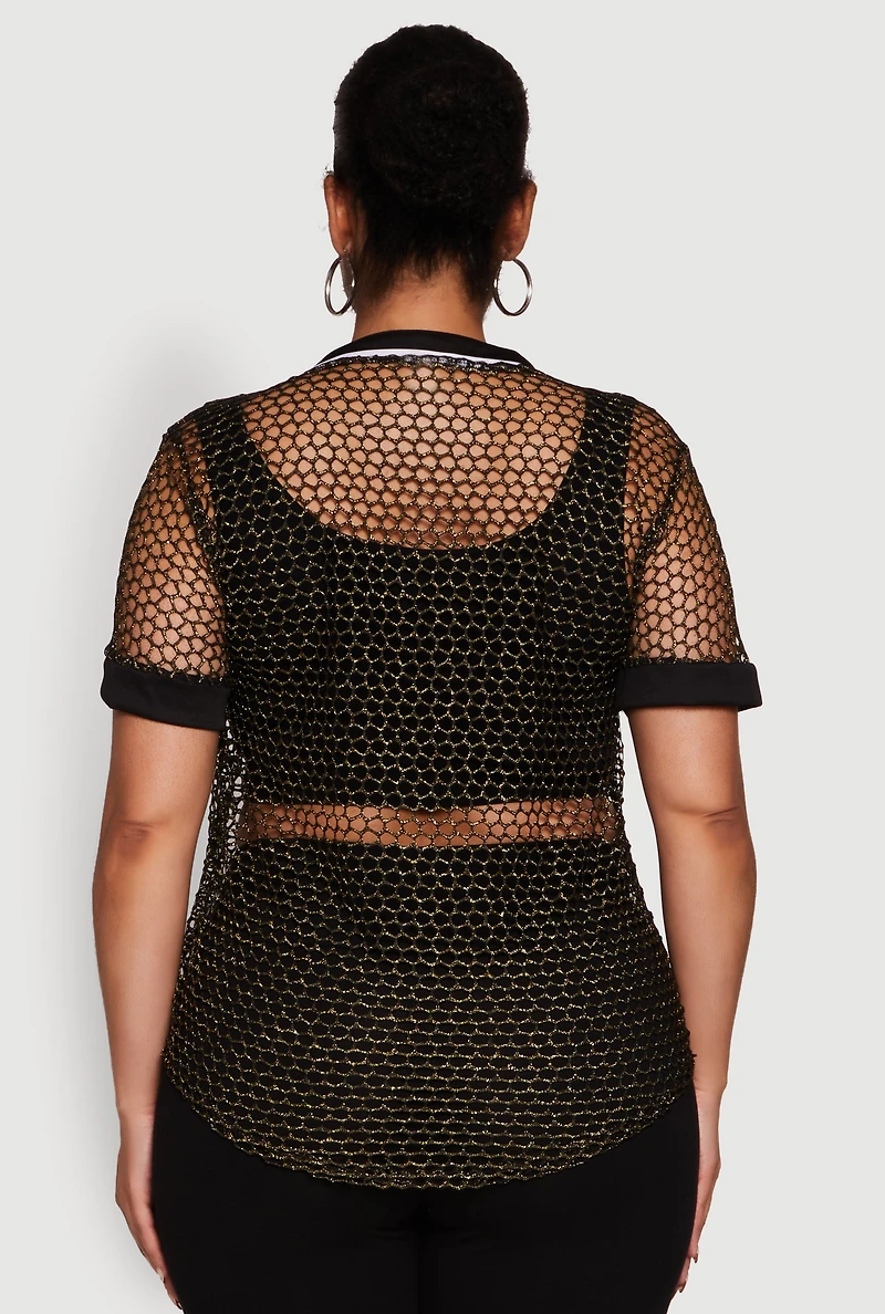Womens Plus Size Lurex Fishnet Boss Graphic Baseball Tee, Black, Size 2X