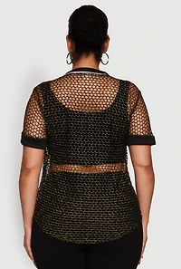 Womens Plus Lurex Fishnet Boss Graphic Baseball Tee, Black,