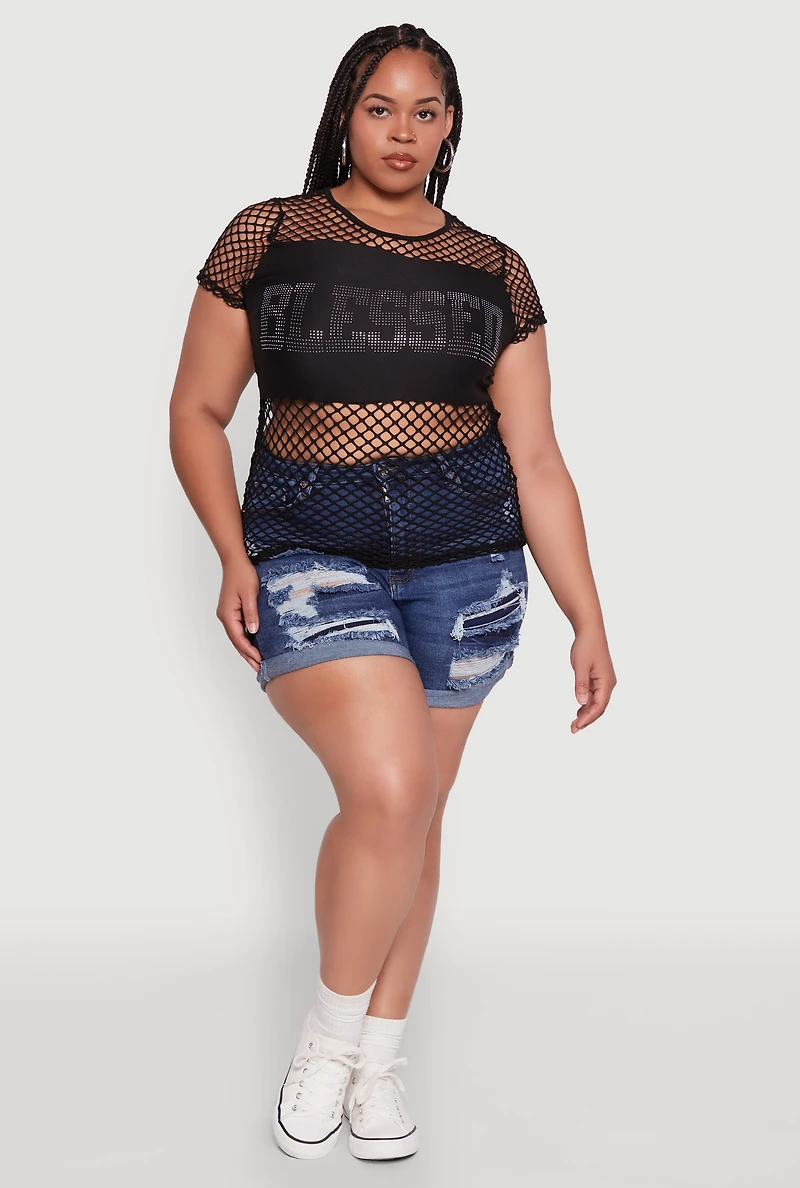 Womens Plus Blessed Rhinestone Fishnet Top with Crew Neck,