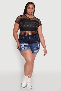 Womens Plus Blessed Rhinestone Fishnet Top with Crew Neck,
