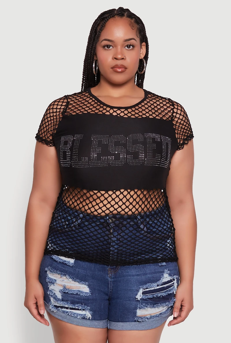 Womens Plus Size Blessed Rhinestone Fishnet Top with Crew Neck, Black, Size 3X