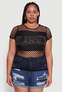 Womens Plus Size Blessed Rhinestone Fishnet Top with Crew Neck, Black, Size 3X