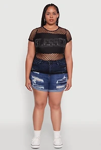 Womens Plus Size Blessed Rhinestone Fishnet Top with Crew Neck, Black, Size 3X