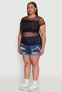 Womens Plus Size Blessed Rhinestone Fishnet Top with Crew Neck, Black, Size 3X