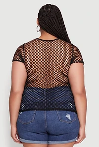 Womens Plus Size Blessed Rhinestone Fishnet Top with Crew Neck, Black, Size 3X