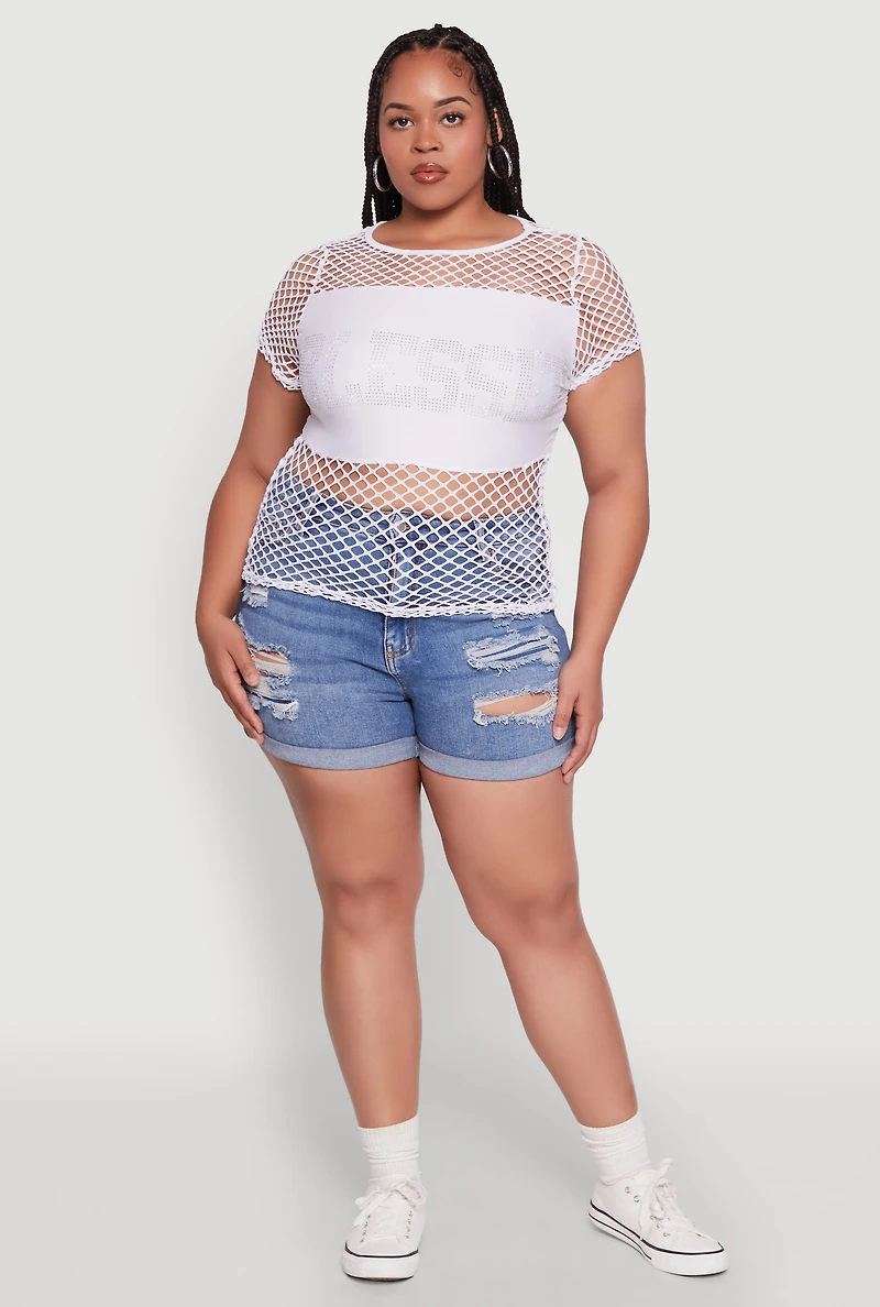 Womens Plus Size Blessed Rhinestone Fishnet Top with Crew Neck, White, Size 3X