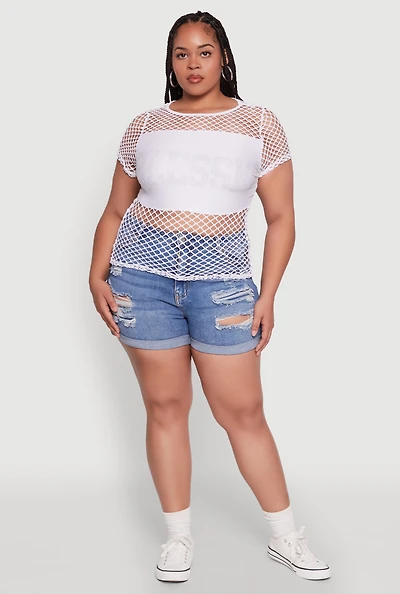 Womens Plus Size Blessed Rhinestone Fishnet Top with Crew Neck, White, Size 3X