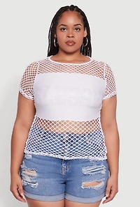 Womens Plus Size Blessed Rhinestone Fishnet Top with Crew Neck, White, Size 2X