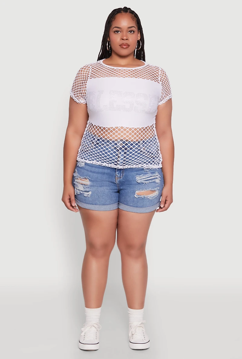 Womens Plus Size Blessed Rhinestone Fishnet Top with Crew Neck, White, Size 3X
