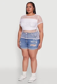 Womens Plus Size Blessed Rhinestone Fishnet Top with Crew Neck, White, Size 3X