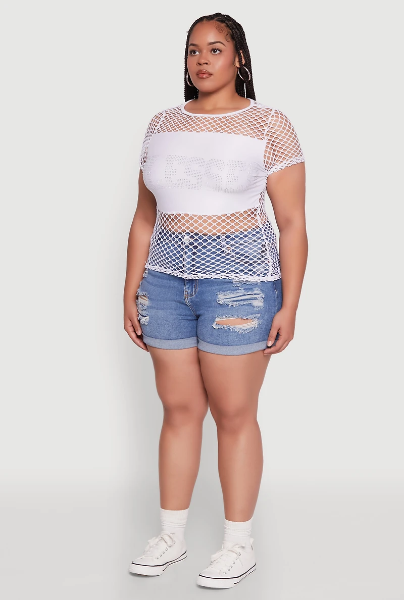 Womens Plus Size Blessed Rhinestone Fishnet Top with Crew Neck, White, Size 2X