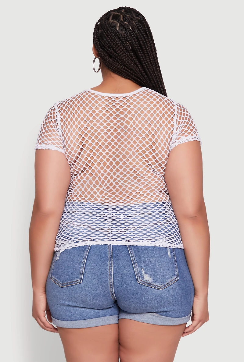 Womens Plus Size Blessed Rhinestone Fishnet Top with Crew Neck, White, Size 3X