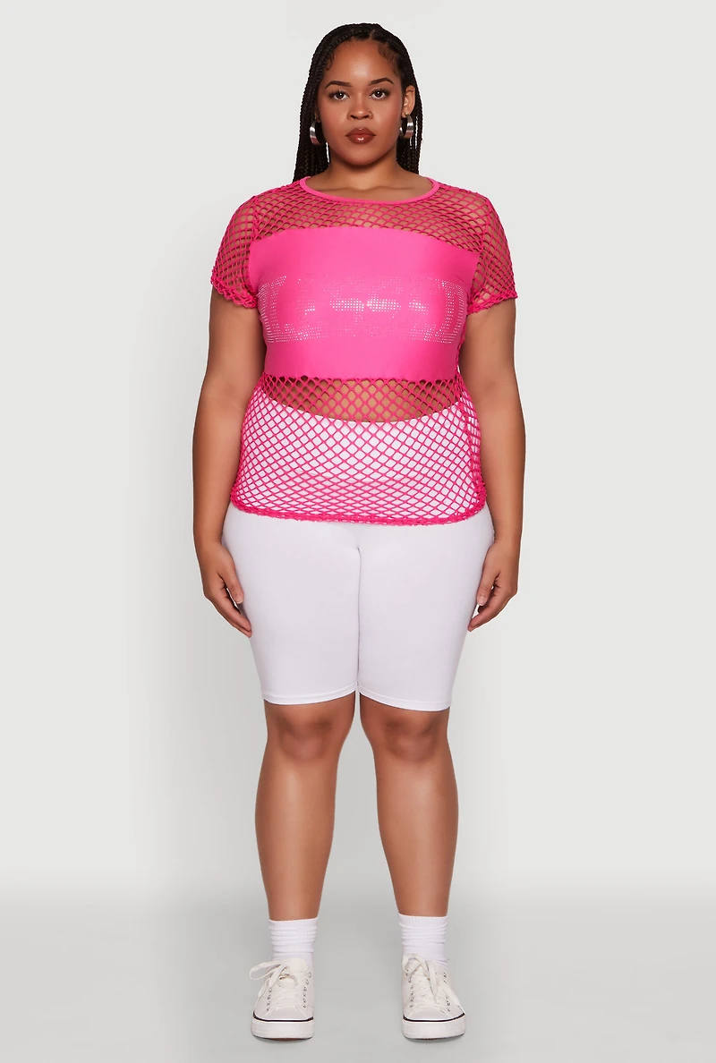 Womens Plus Blessed Rhinestone Fishnet Top with Crew Neck, Pink,