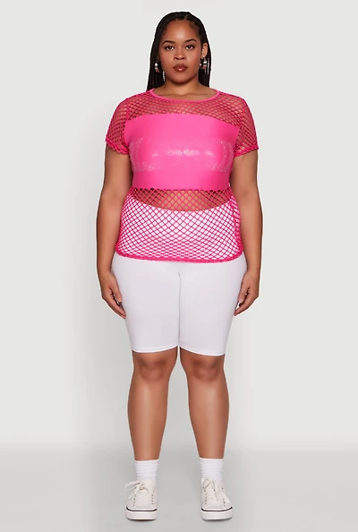 Womens Plus Blessed Rhinestone Fishnet Top with Crew Neck, Pink,