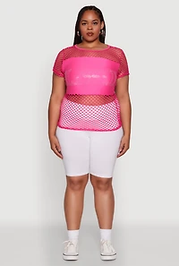 Womens Plus Blessed Rhinestone Fishnet Top with Crew Neck, Pink,