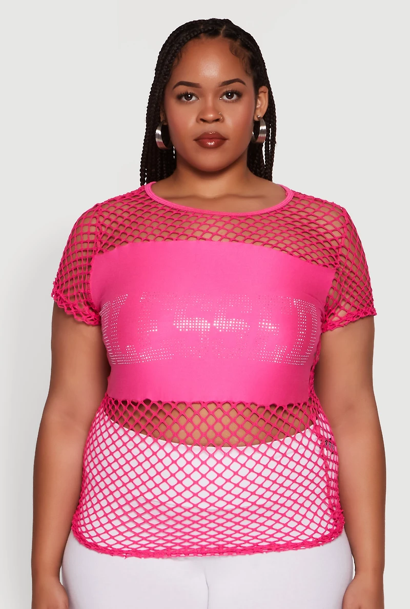 Womens Plus Blessed Rhinestone Fishnet Top with Crew Neck, Pink,