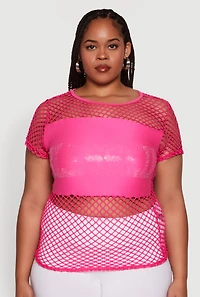 Womens Plus Blessed Rhinestone Fishnet Top with Crew Neck, Pink,