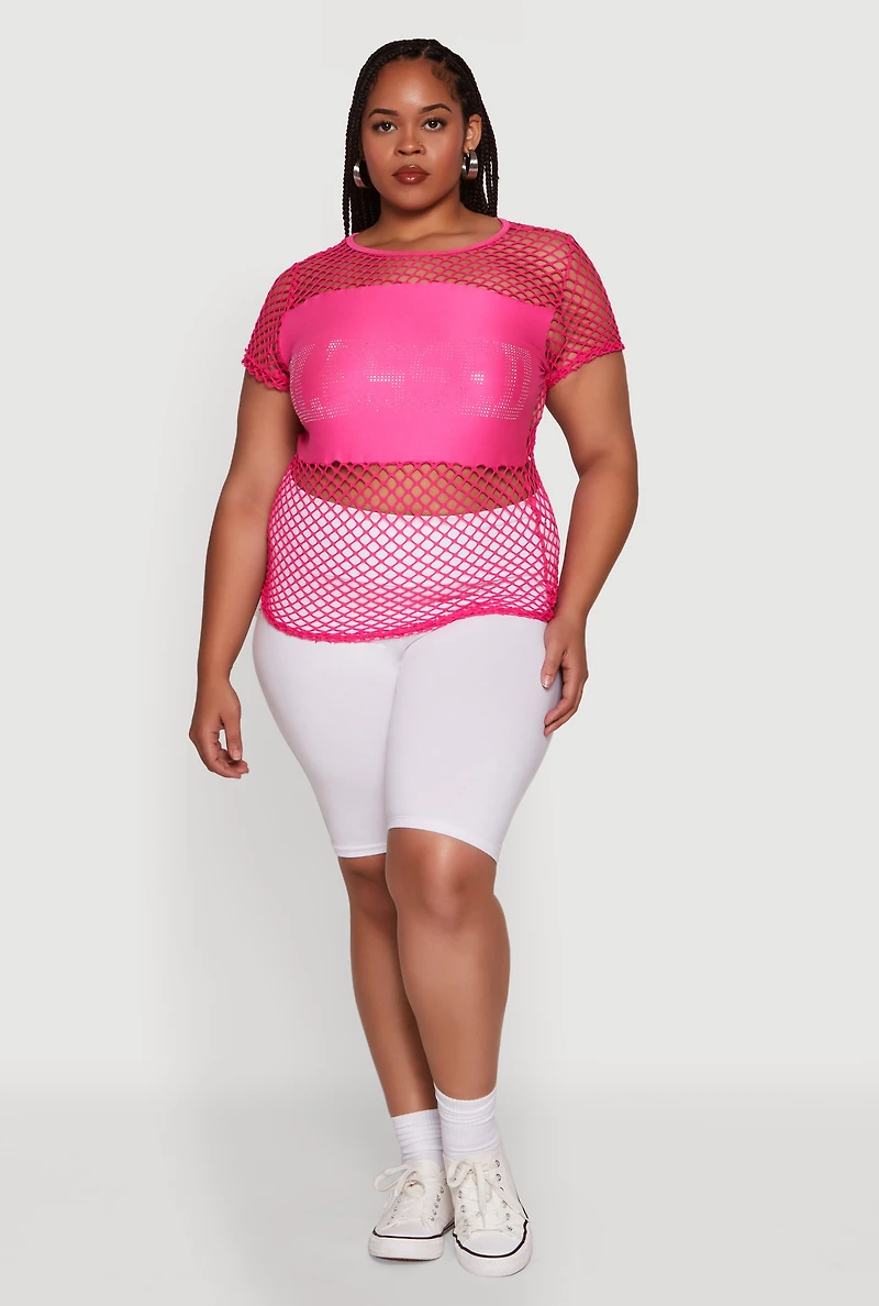 Womens Plus Blessed Rhinestone Fishnet Top with Crew Neck, Pink,