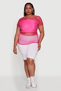Womens Plus Blessed Rhinestone Fishnet Top with Crew Neck, Pink,
