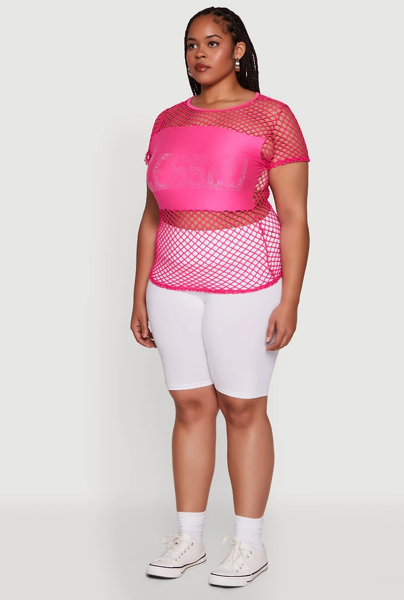Womens Plus Blessed Rhinestone Fishnet Top with Crew Neck, Pink,