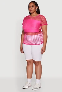 Womens Plus Blessed Rhinestone Fishnet Top with Crew Neck, Pink,
