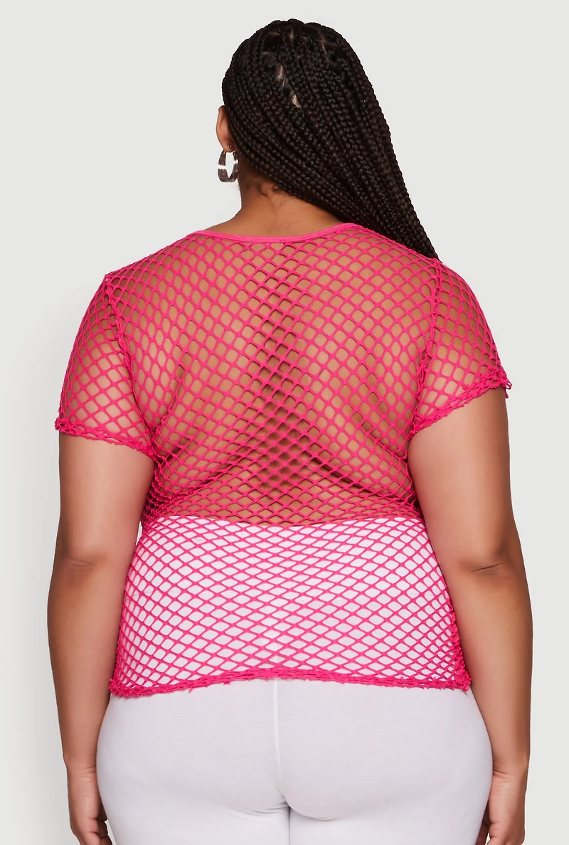 Womens Plus Blessed Rhinestone Fishnet Top with Crew Neck, Pink,