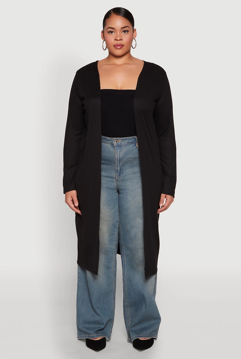 Plus Ribbed Soft Knit Open Front Duster