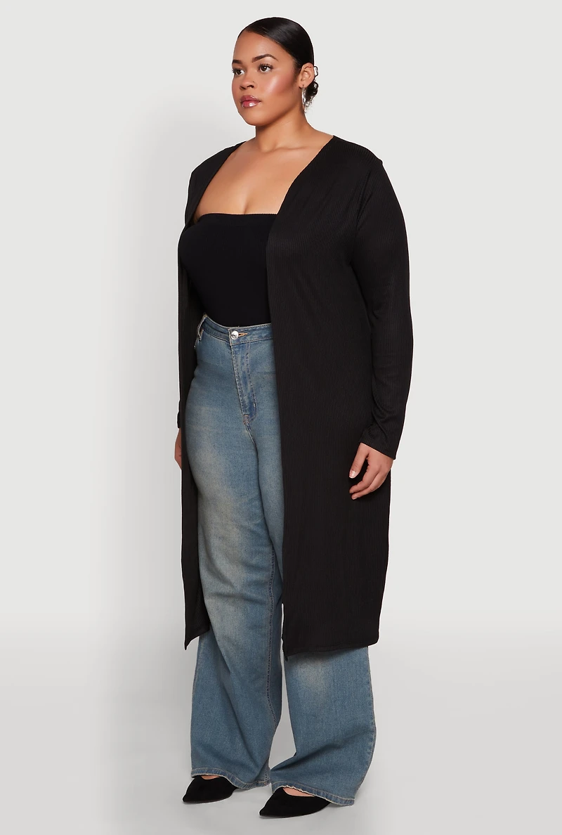 Plus Ribbed Soft Knit Open Front Duster