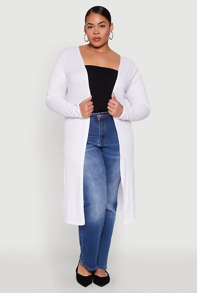 Womens Plus Size Ribbed Soft Knit Open Front Duster, White, Size 3X