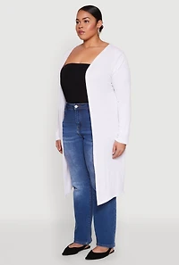 Womens Plus Size Ribbed Soft Knit Open Front Duster, White, Size 3X