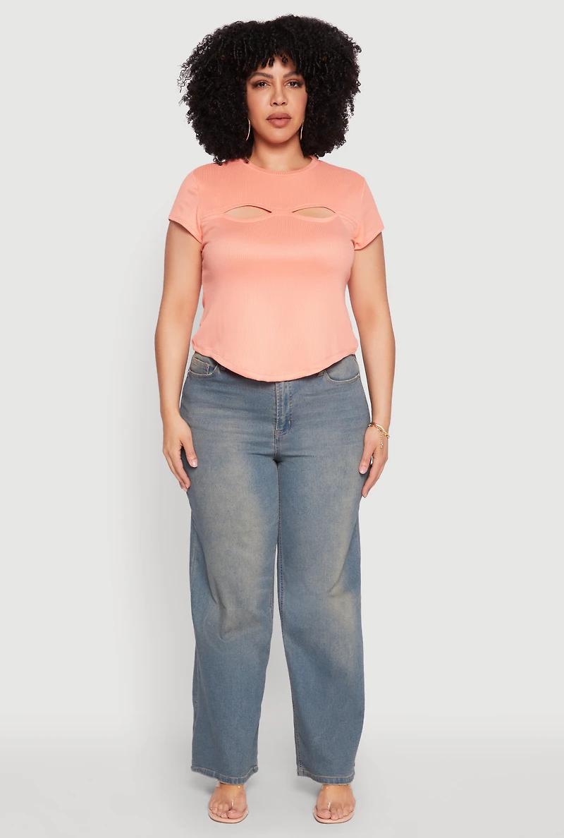Womens Plus Cut Out Rib Knit Top, Orange,