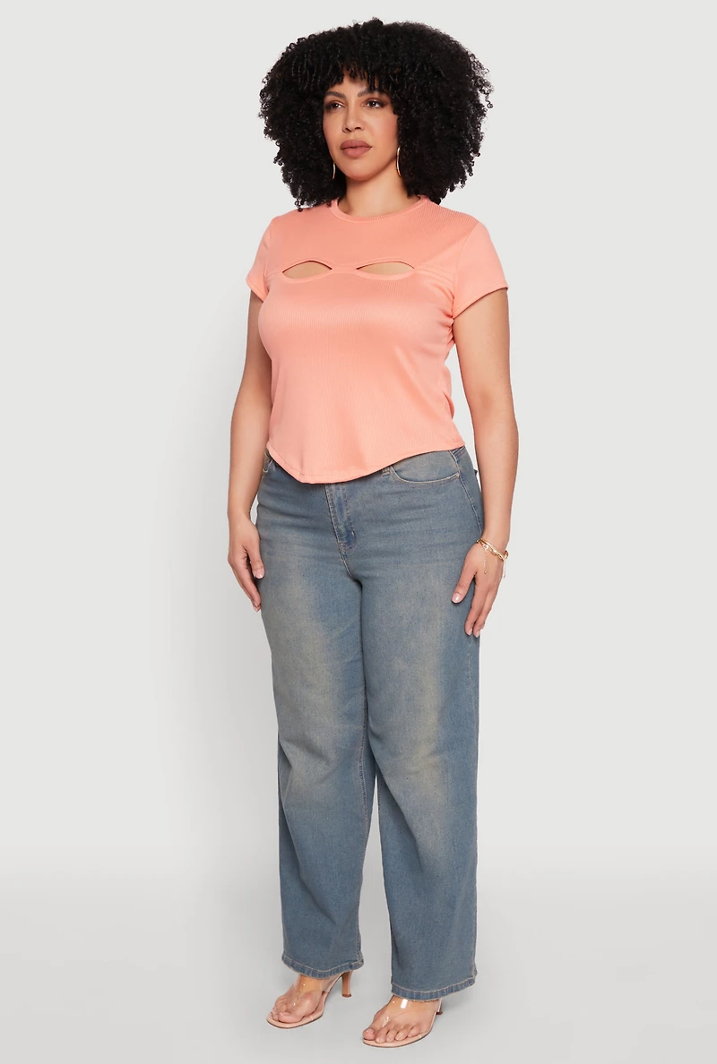 Womens Plus Cut Out Rib Knit Top, Orange,