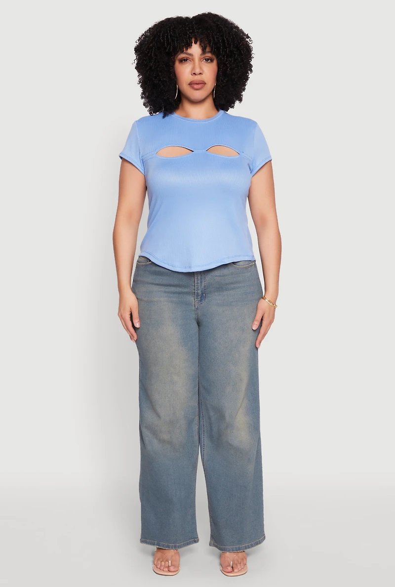 Womens Plus Cut Out Rib Knit Top, 1X