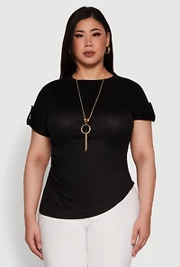 Womens Plus Stylish Ribbed Knit Top with Asymmetrical Design and Necklace,