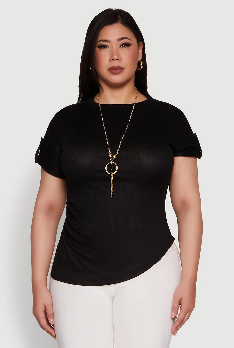 Womens Plus Stylish Ribbed Knit Top with Asymmetrical Design and Necklace, 1X