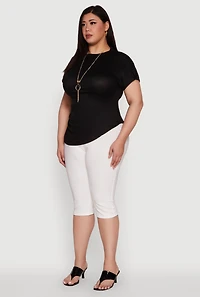 Womens Plus Stylish Ribbed Knit Top with Asymmetrical Design and Necklace,