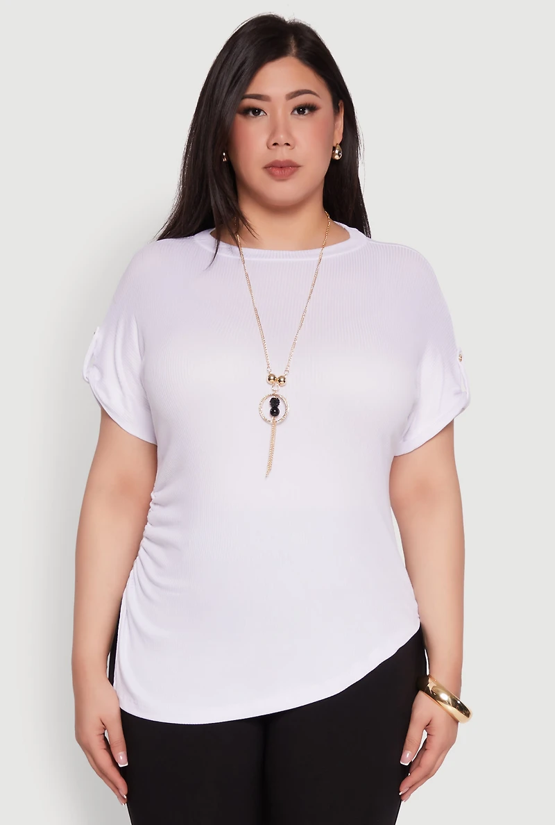 Plus Stylish Ribbed Knit Top with Asymmetrical Design and Necklace