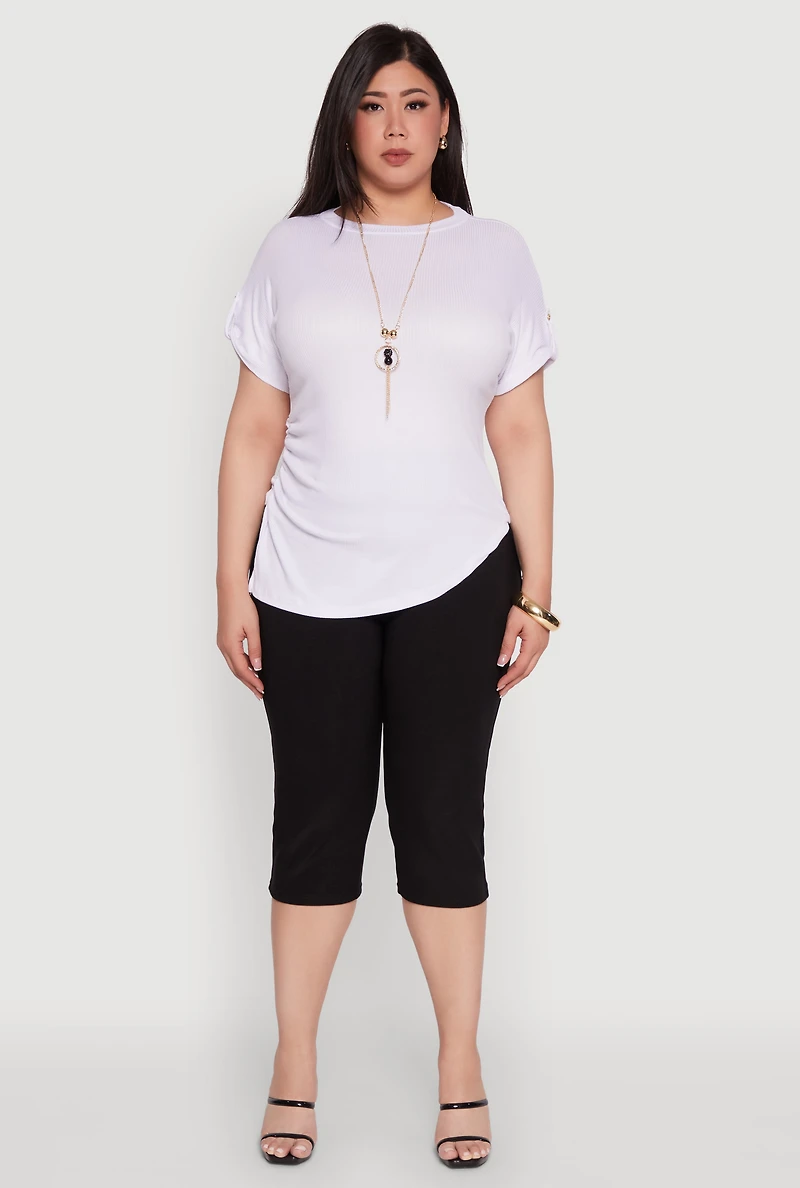 Womens Plus Size Stylish Ribbed Knit Top with Asymmetrical Design and Necklace, White, Size 1X