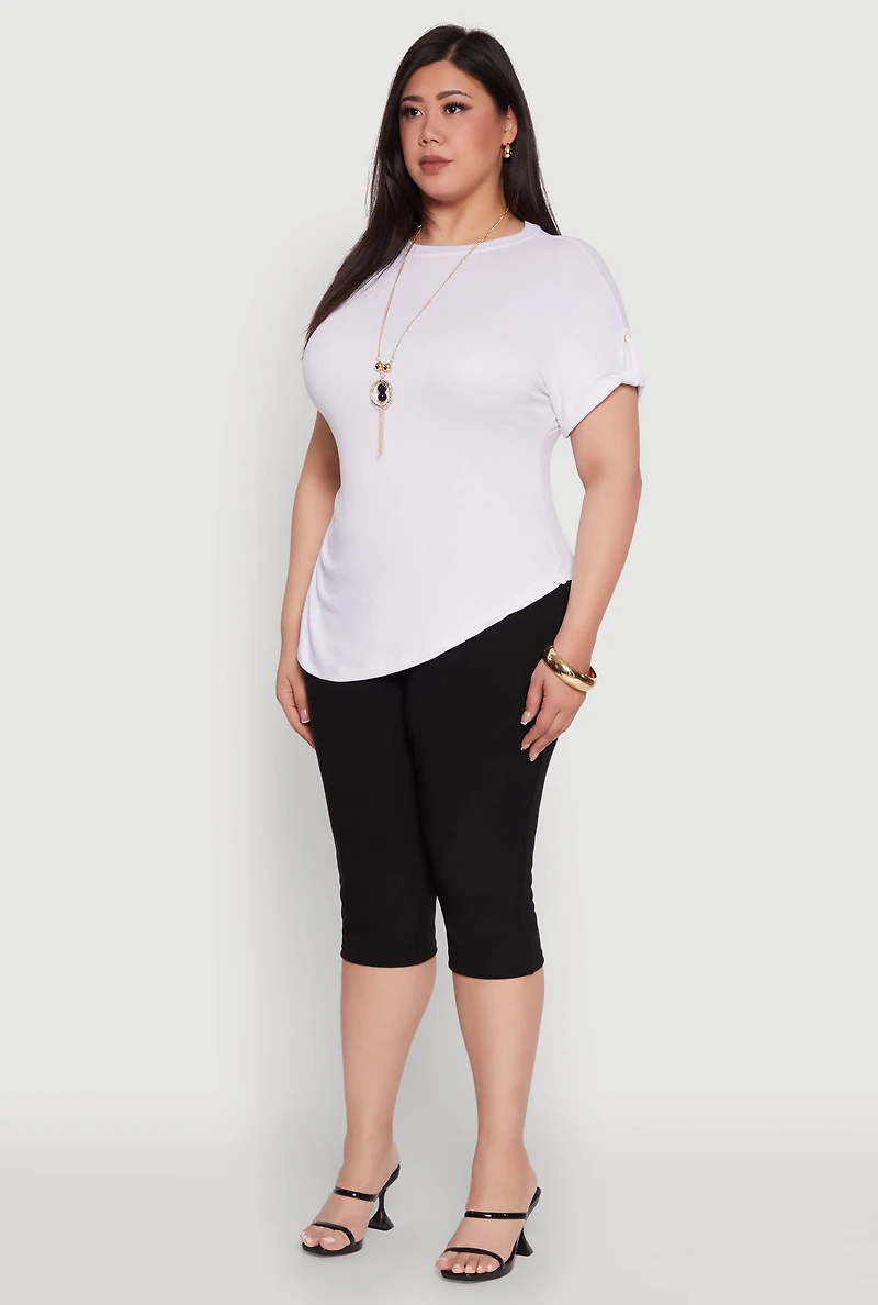 Womens Plus Size Stylish Ribbed Knit Top with Asymmetrical Design and Necklace, White, Size 1X