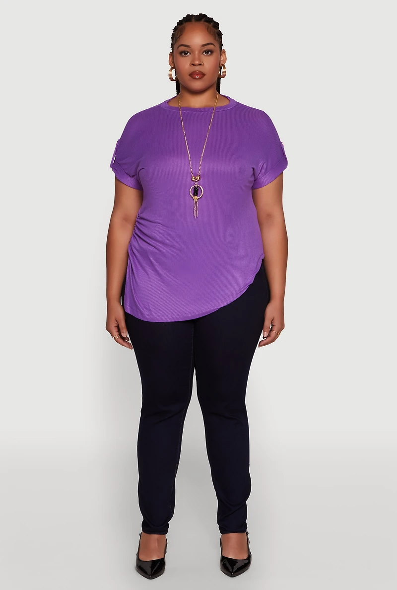 Plus Stylish Ribbed Knit Top with Asymmetrical Design and Necklace