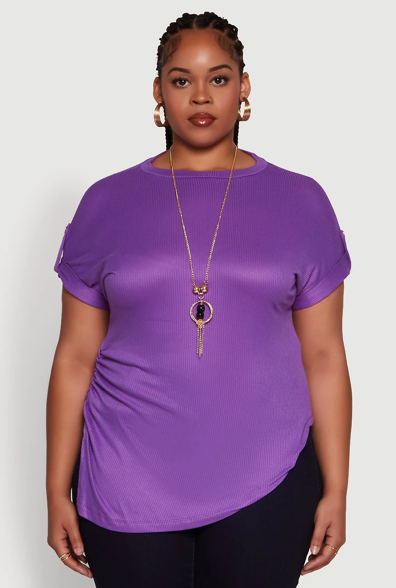Womens Plus Size Stylish Ribbed Knit Top with Asymmetrical Design and Necklace, Purple, Size 3X