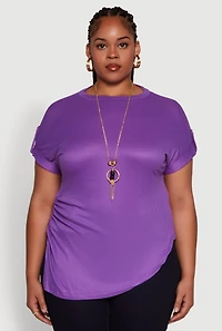 Womens Plus Size Stylish Ribbed Knit Top with Asymmetrical Design and Necklace, Purple, Size 3X